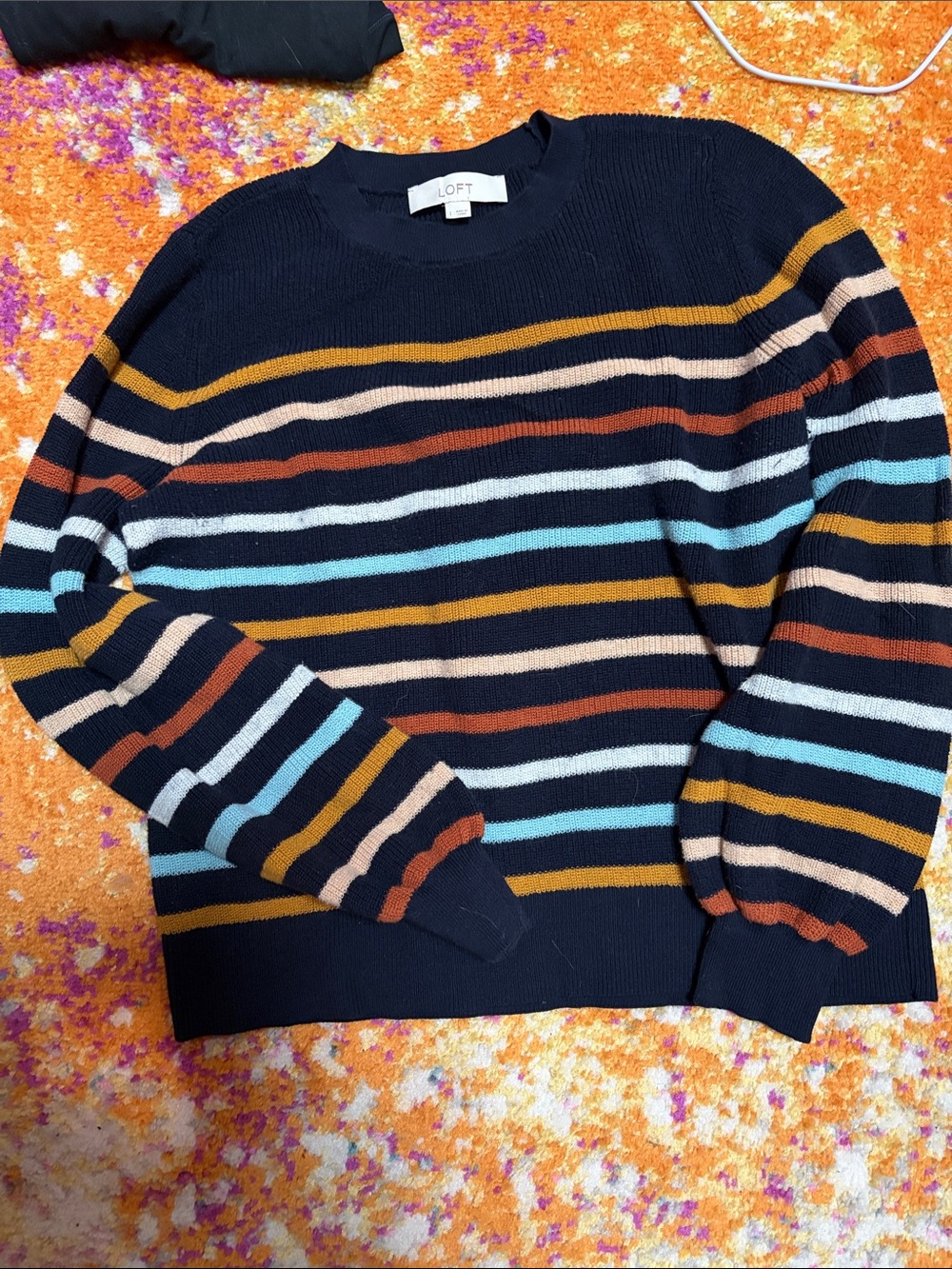 LOFT Navy Crewneck Sweater with Multicolor Stripes- Large